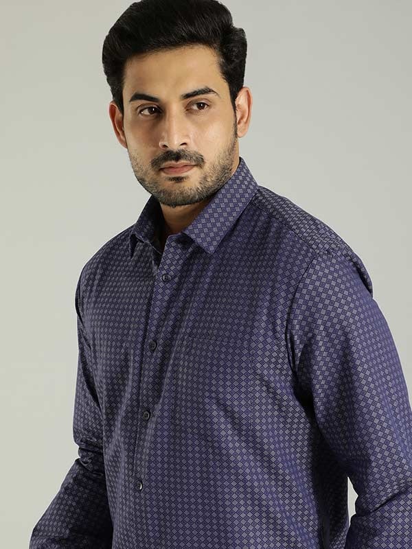 Indian Terrain Men's Slim Fit Full Sleeve All Over Print Navy Shirt